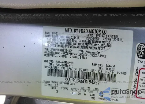 2012 Ford Fusion S from USA, damaged, VIN 3FAHP0GA6CR194329